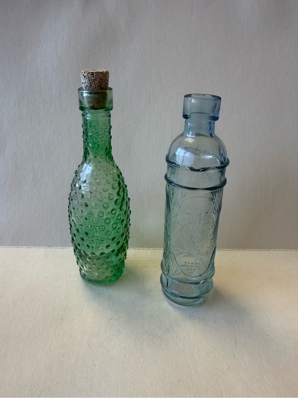 Vintage Pair Mini Glass Decor Bottles - 1 Green FlashedTextured w/ Cork & 1 Blue